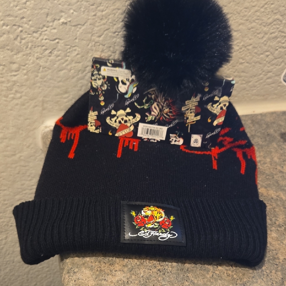 Ed Hardy Black Beanie with Red Drip Design Unisex New